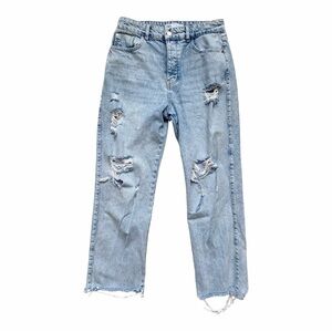 Zara 90s High Rise Jeans Straight Leg Distressed Denim Button Fly Size 6
